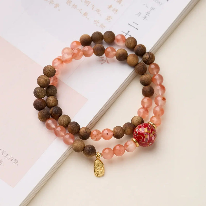 Fire Five Elements bracelet with Qinan agarwood and Cherry Red Nanhong Agate