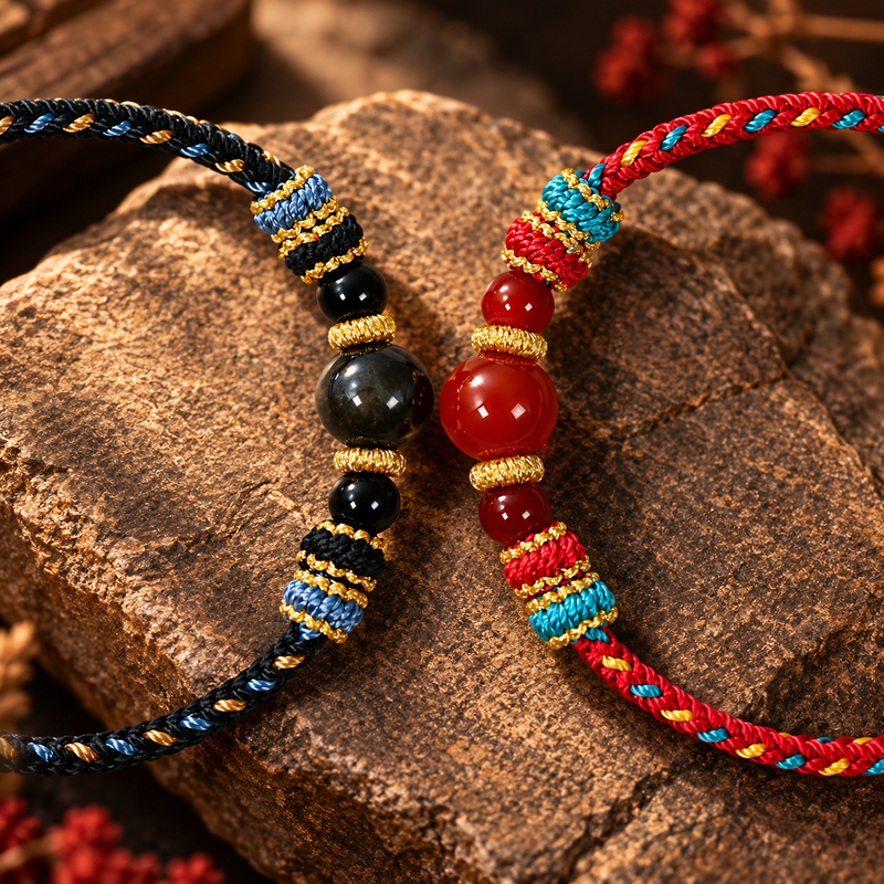 Red Agate and Black Obsidian bracelet bead and braided cord details