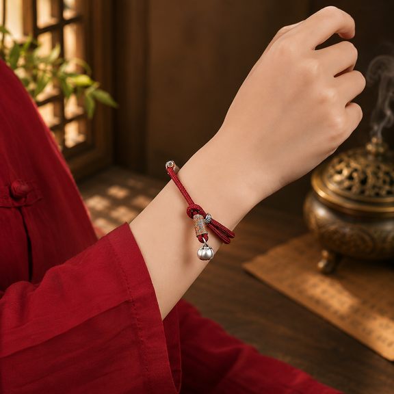 Persimmon Wish red cord bracelet worn on wrist with silver-plated copper charm