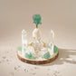 Green Fluorite and Clear Quartz crystal grid set with natural wood base