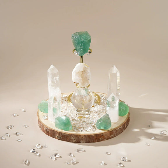Green Fluorite and Clear Quartz crystal grid set with natural wood base