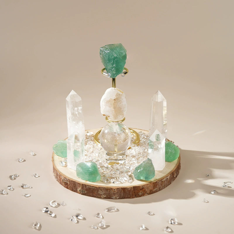 Green Fluorite and Clear Quartz crystal grid set with natural wood base