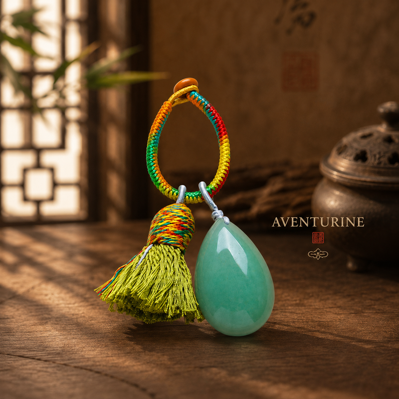 Aventurine crystal tassel bag charm with colorful handwoven cord and teardrop stone