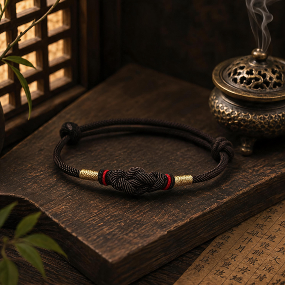 Dark brown Eastern Harmony Ruyi knot cord bracelet with traditional Chinese-inspired detailing