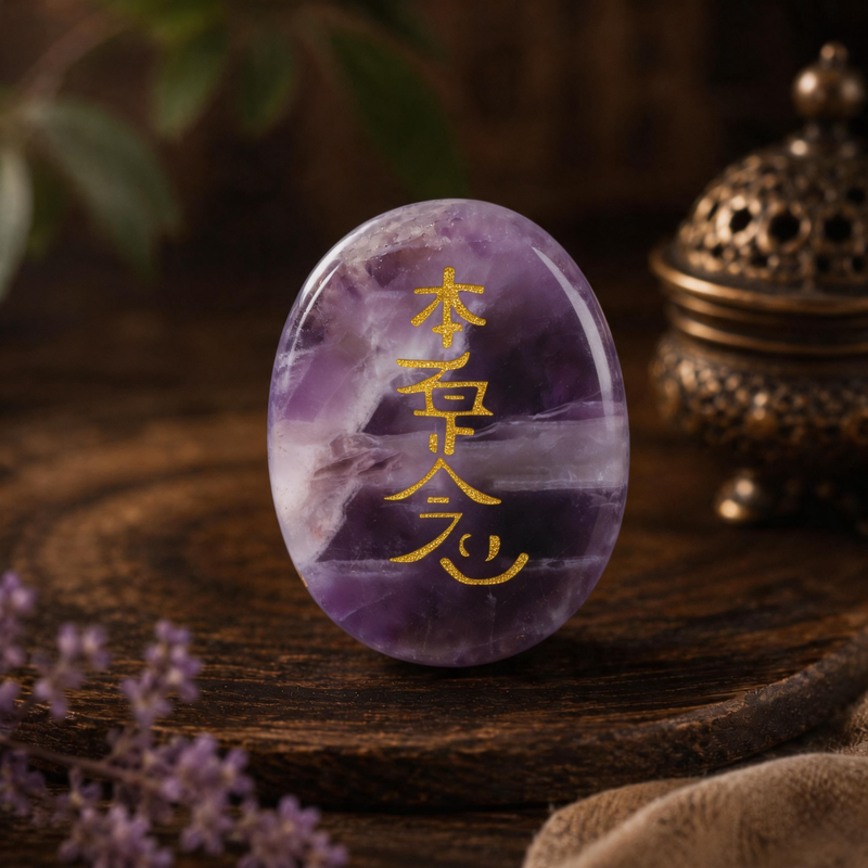 Amethyst Hon Sha Ze Sho Nen Reiki symbol stone with gold engraving