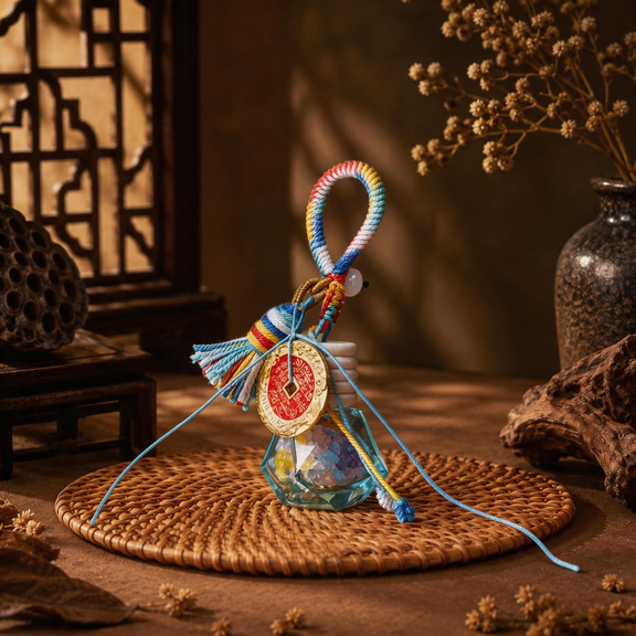 Five Elements crystal wishing bottle charm with multicolor cord, blue bottle and colorful crystal chips