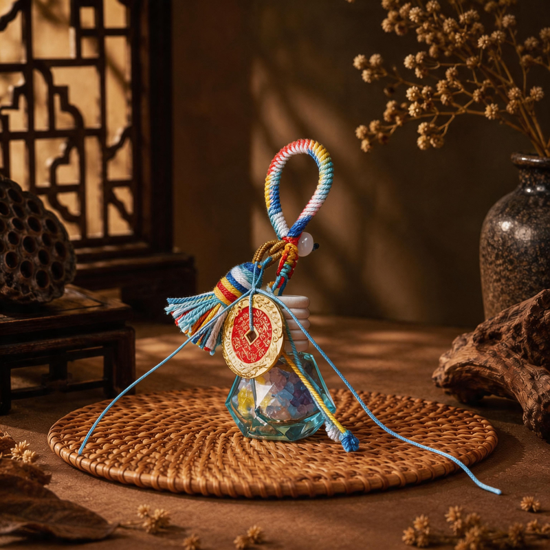 Five Elements crystal wishing bottle charm with multicolor cord, blue bottle and colorful crystal chips