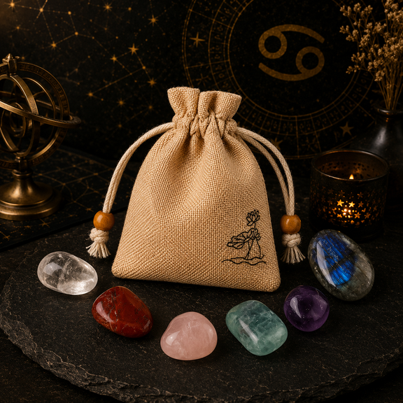 Cancer zodiac crystal set with natural stones and drawstring pouch
