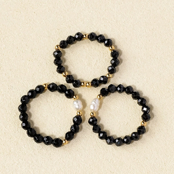 Three-piece black spinel and freshwater pearl ring set