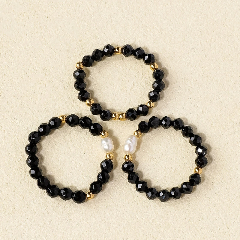 Three-piece black spinel and freshwater pearl ring set