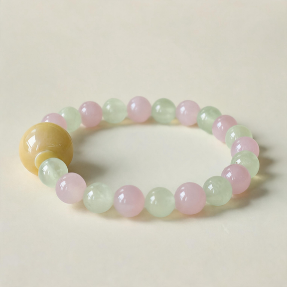 Prehnite and Rose Quartz AI companion bracelet with natural crystal beads