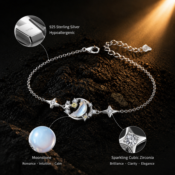Moonstone celestial bracelet with 925 sterling silver and cubic zirconia details
