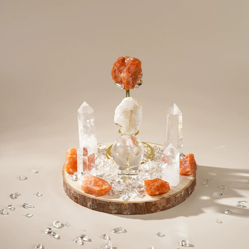 Sunstone and Clear Quartz crystal grid set with natural wood base