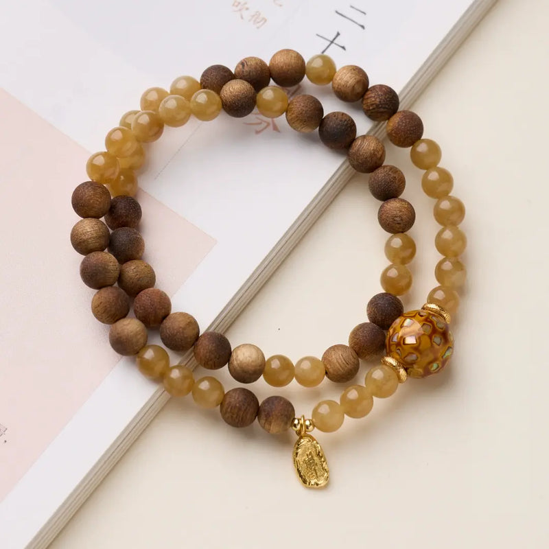 Earth Five Elements bracelet with Qinan agarwood and Brown-Sugar Hetian Jade