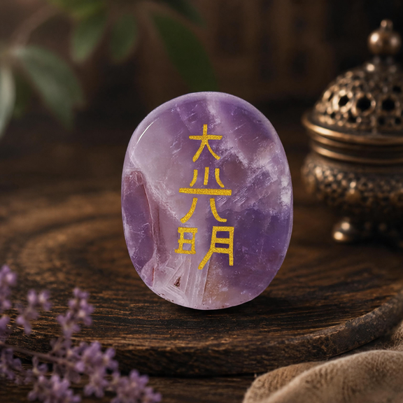 Amethyst Dai Ko Myo Reiki symbol stone with gold engraving