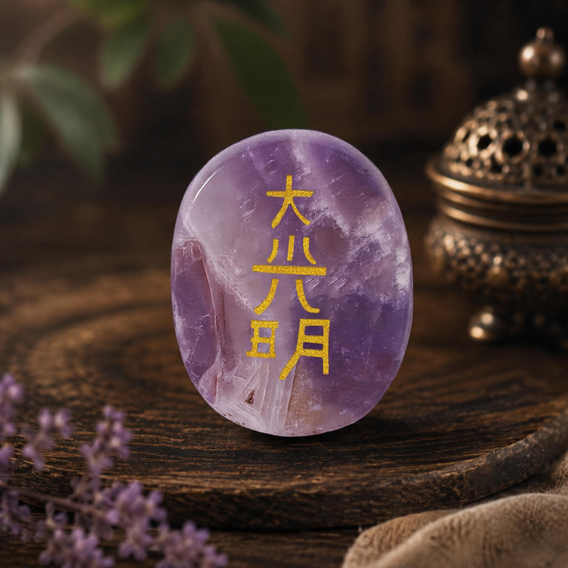 Amethyst Dai Ko Myo Reiki symbol stone with gold engraving