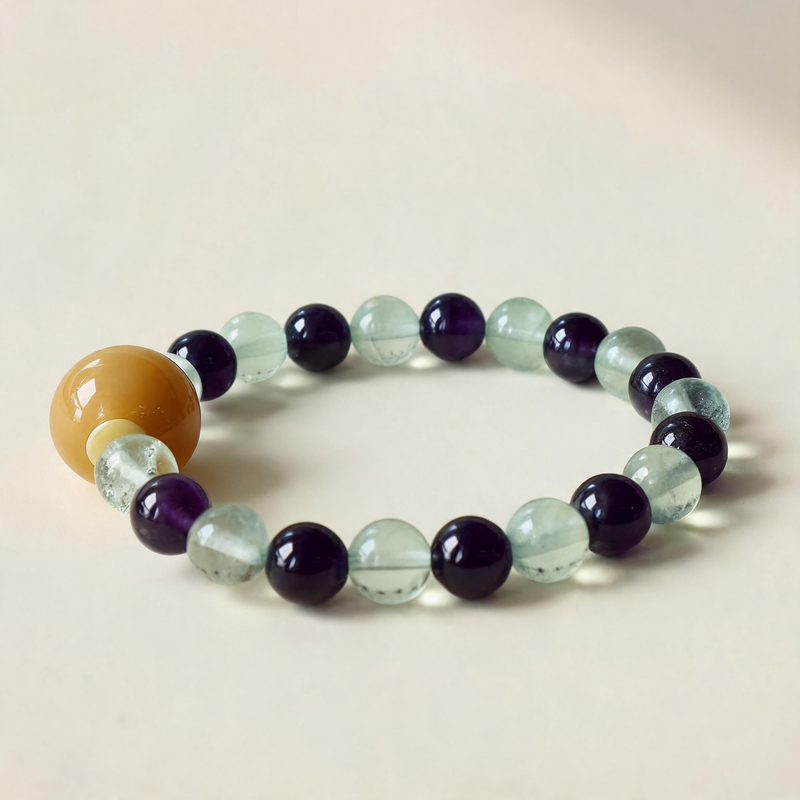 Green Fluorite and Amethyst AI companion bracelet with natural crystal beads