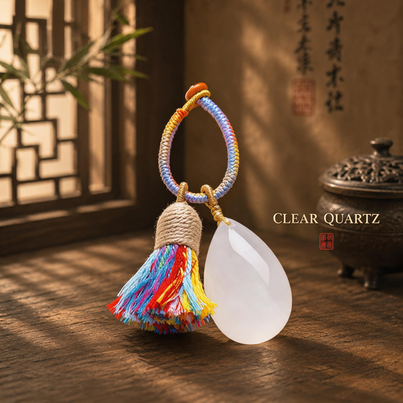 Clear Quartz crystal tassel bag charm with colorful handwoven cord and teardrop stone