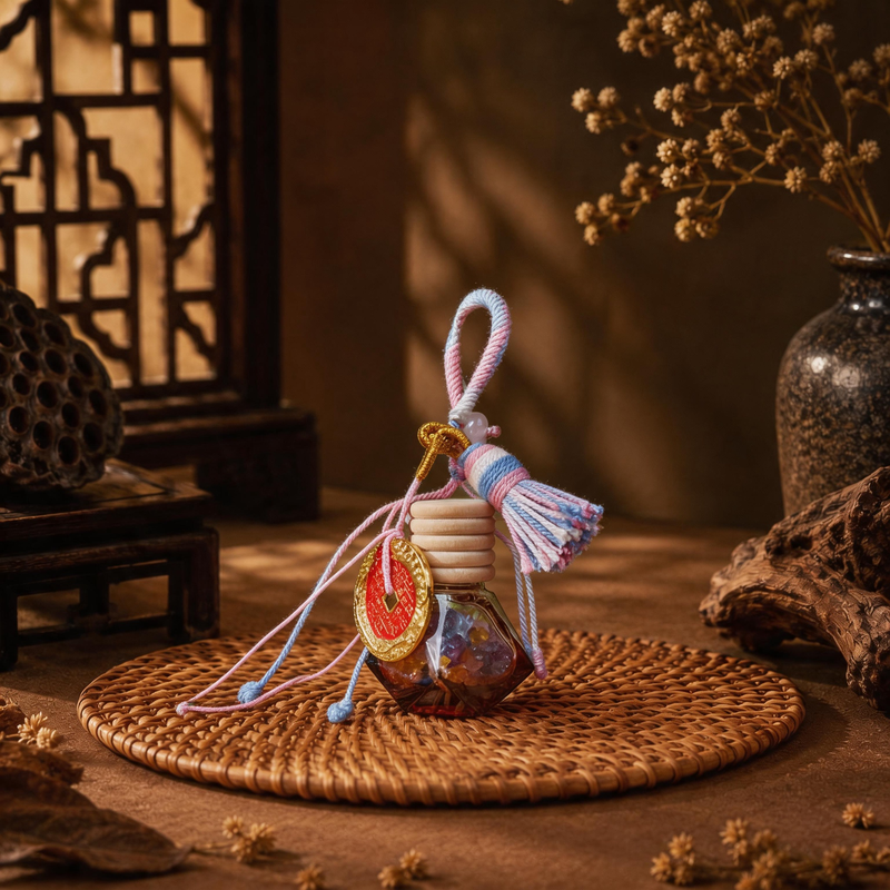 Five Elements crystal wishing bottle charm with Shan Gui coin, peace buckle and colorful crystal chips