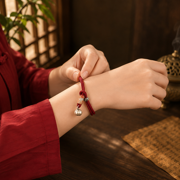 Adjustable red cord bracelet worn on wrist with persimmon charm and woven accents