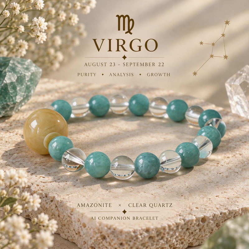 Virgo zodiac crystal bracelet with Amazonite and Clear Quartz AI Companion Core