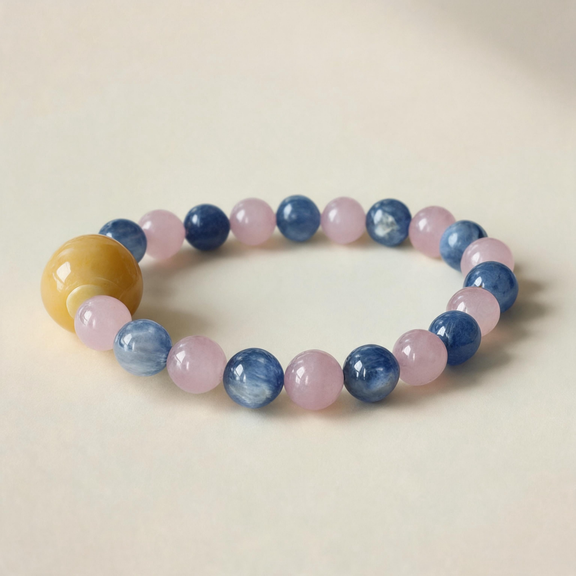Rose Quartz and Kyanite AI companion bracelet with natural crystal beads