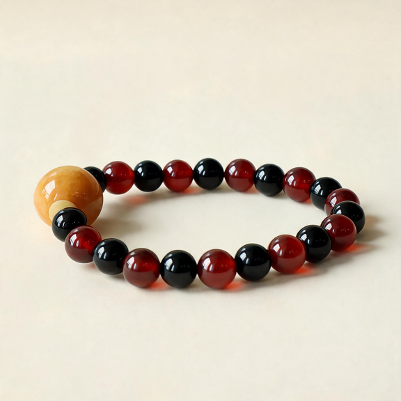 Obsidian and Garnet AI companion bracelet with natural crystal beads