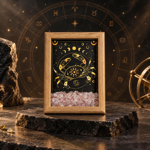 Cancer zodiac crystal frame with Rose Quartz chips
