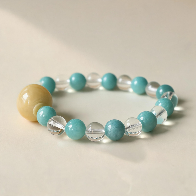 Amazonite and Clear Quartz AI companion bracelet with natural crystal beads