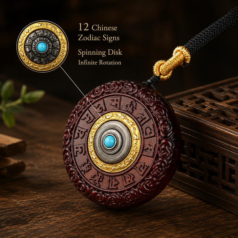 12 Chinese Zodiac spinning disk on sandalwood pendant necklace
