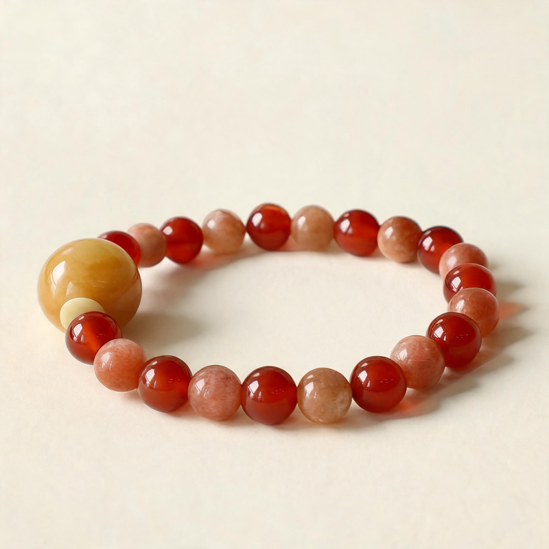 Red Agate and Sunstone AI companion bracelet with natural crystal beads