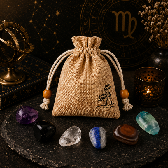 Virgo zodiac crystal set with natural stones and drawstring pouch