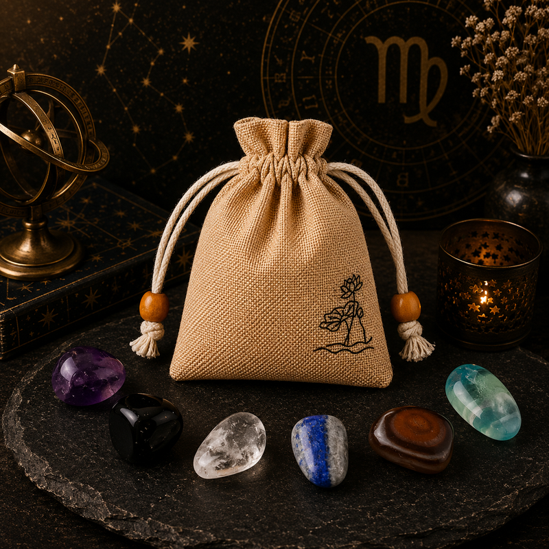 Virgo zodiac crystal set with natural stones and drawstring pouch