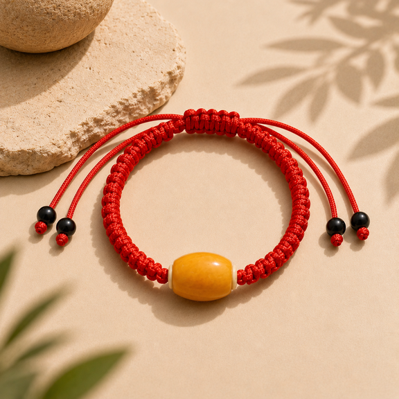 Red woven cord AI companion bracelet with yellow core bead
