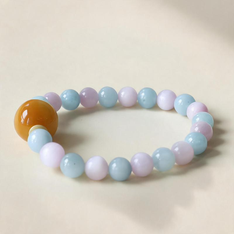 Aquamarine and Kunzite AI companion bracelet with natural crystal beads