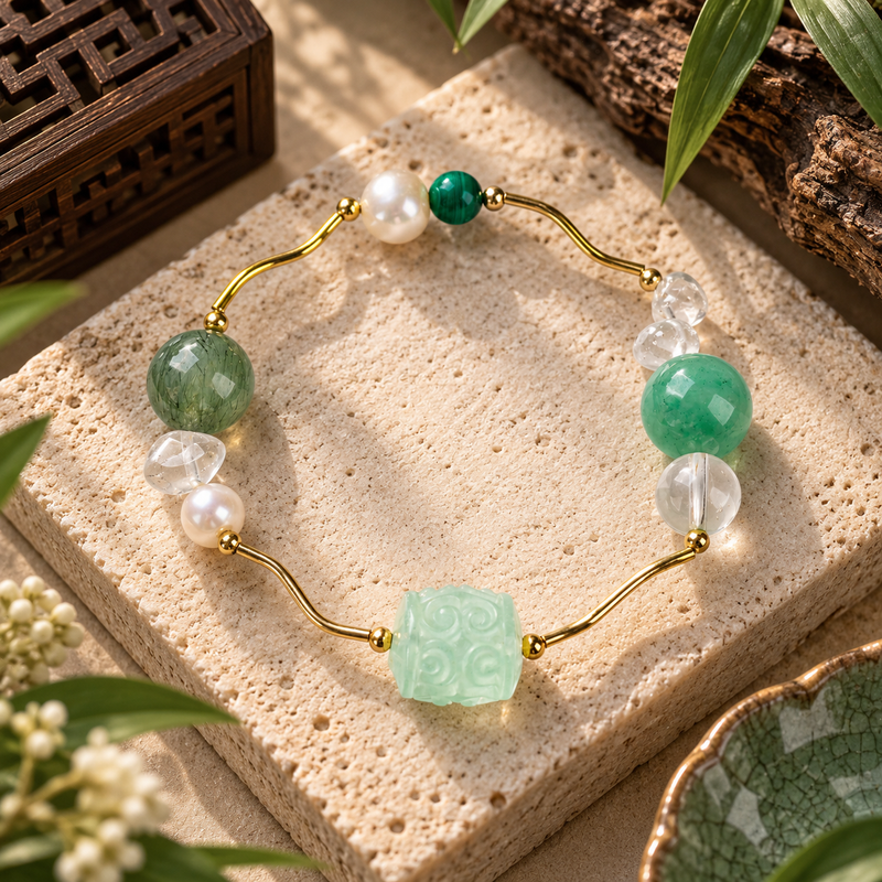 Wood Growth Five Elements bracelet with green stones, fluorite, malachite and Clear Quartz