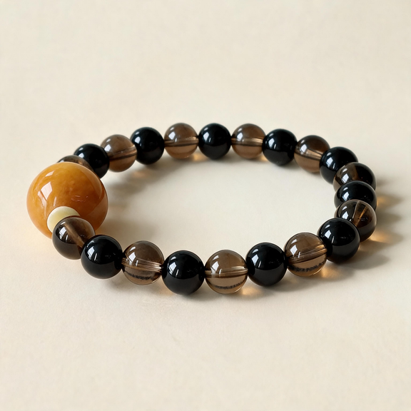 Smoky Quartz and Obsidian AI companion bracelet with natural crystal beads