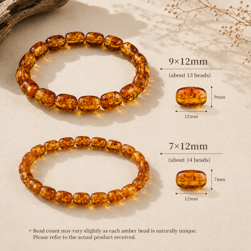 Amber bracelet bead size comparison in 7 x 12 mm and 9 x 12 mm