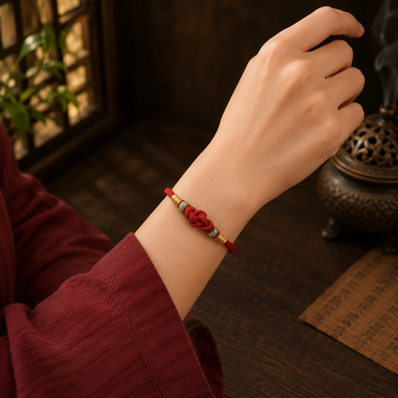 Red jade Eastern Harmony Ruyi knot bracelet worn on wrist