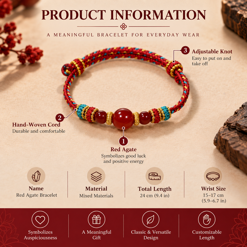 Red Agate braided bracelet size and product details