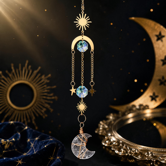 Celestial dreamcatcher-inspired ornament with Clear Quartz crescent moon
