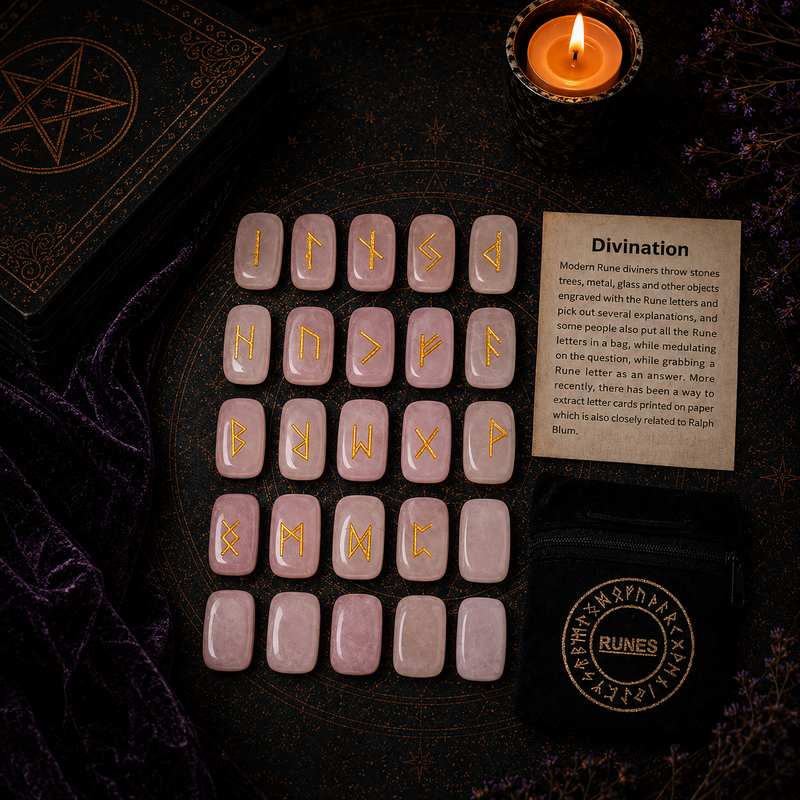 Rose Quartz rune stones set for divination with engraved gold symbols and rune pouch