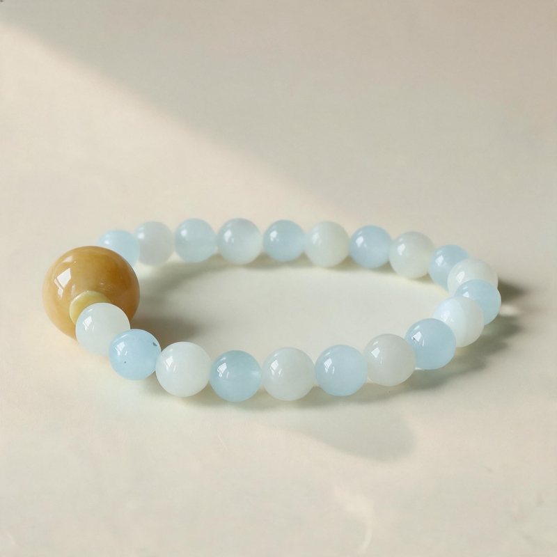 White Moonstone and Aquamarine AI companion bracelet with natural crystal beads