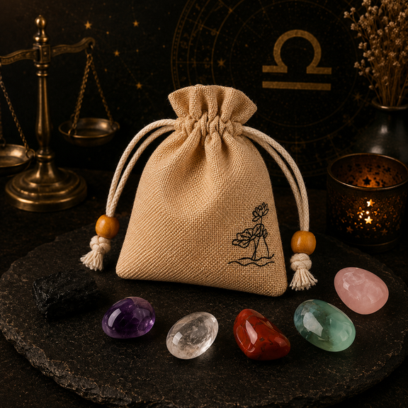 Libra zodiac crystal set with natural stones and drawstring pouch