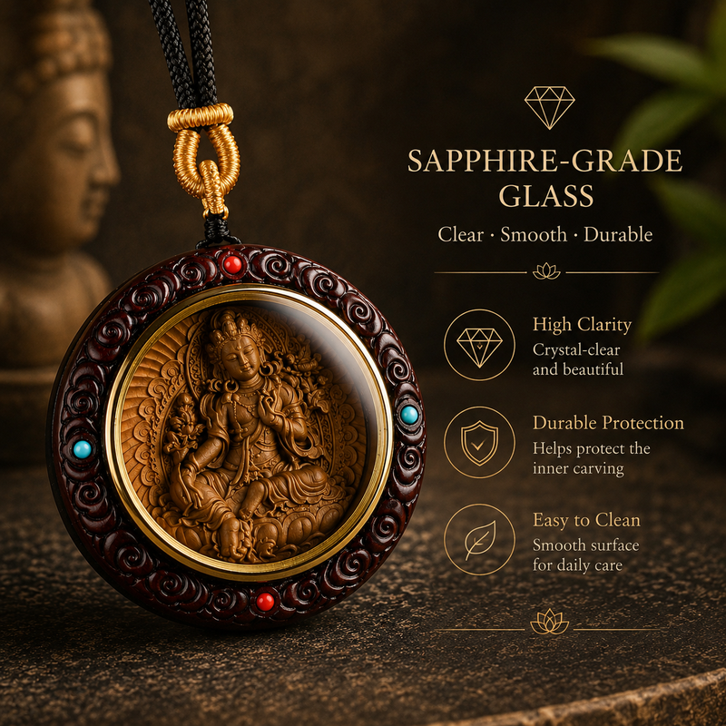 Green Tara carved sandalwood pendant with protective glass cover