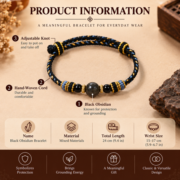 Black Obsidian braided bracelet size and product details