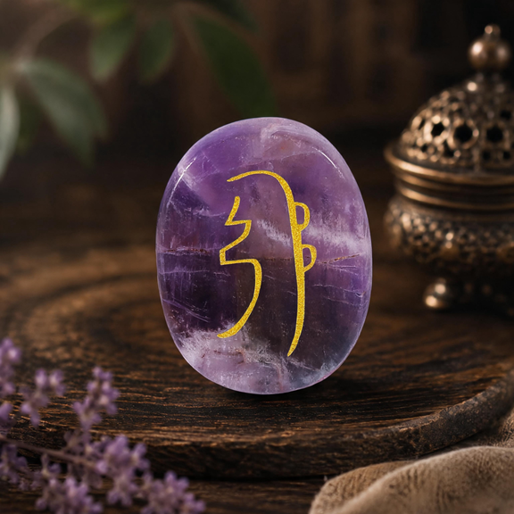 Amethyst Sei He Ki Reiki symbol stone with gold engraving