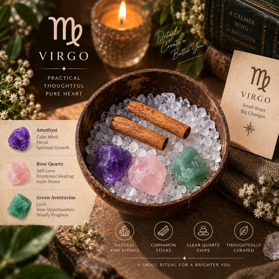Virgo Zodiac Crystal Cleansing Kit with Amethyst, Rose Quartz and Green Aventurine