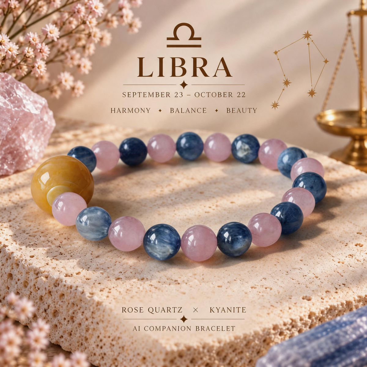 Libra zodiac crystal bracelet with Rose Quartz and Kyanite AI Companion Core