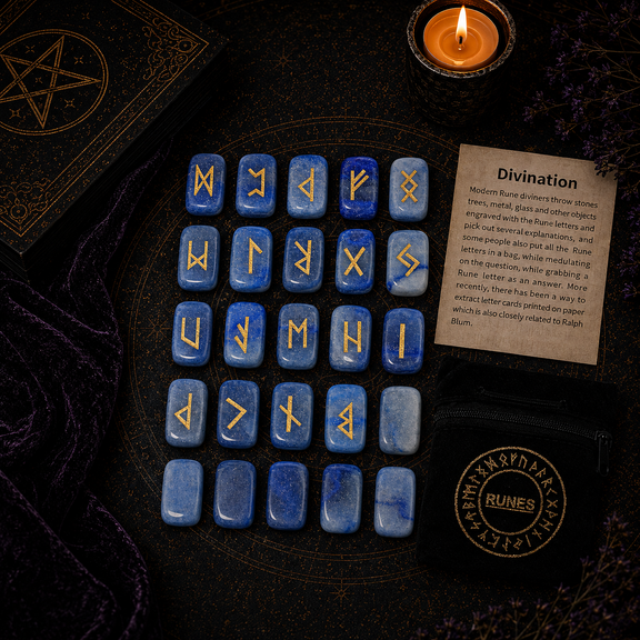 Blue Aventurine rune stones set for divination with engraved gold symbols and rune pouch